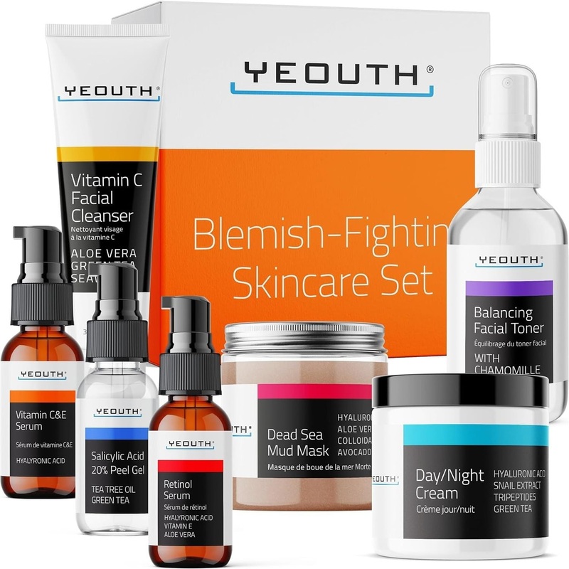 YEOUTH Blemish-Fighting Skin Care Set | Complete 7-Step Routine with Vitamin C, Retinol, Salicylic Acid & Hyaluronic Acid | Dermatology-Tested, USA-Made 7-Pack