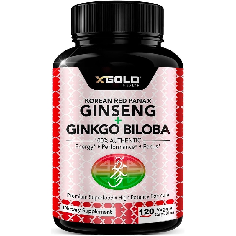 X Gold Health Korean Red Panax Ginseng + Ginkgo Biloba  120 Capsules | Natural Energy, Focus & Mental Clarity 120 Count (Pack Of 1)